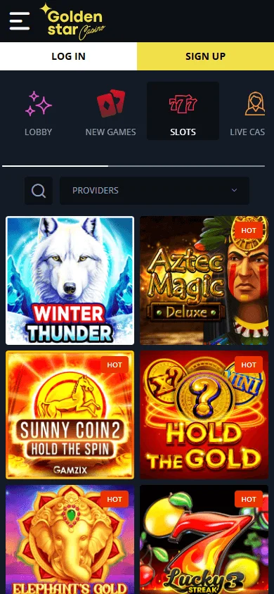 Golden Star Casino games area displayed on a mobile device
