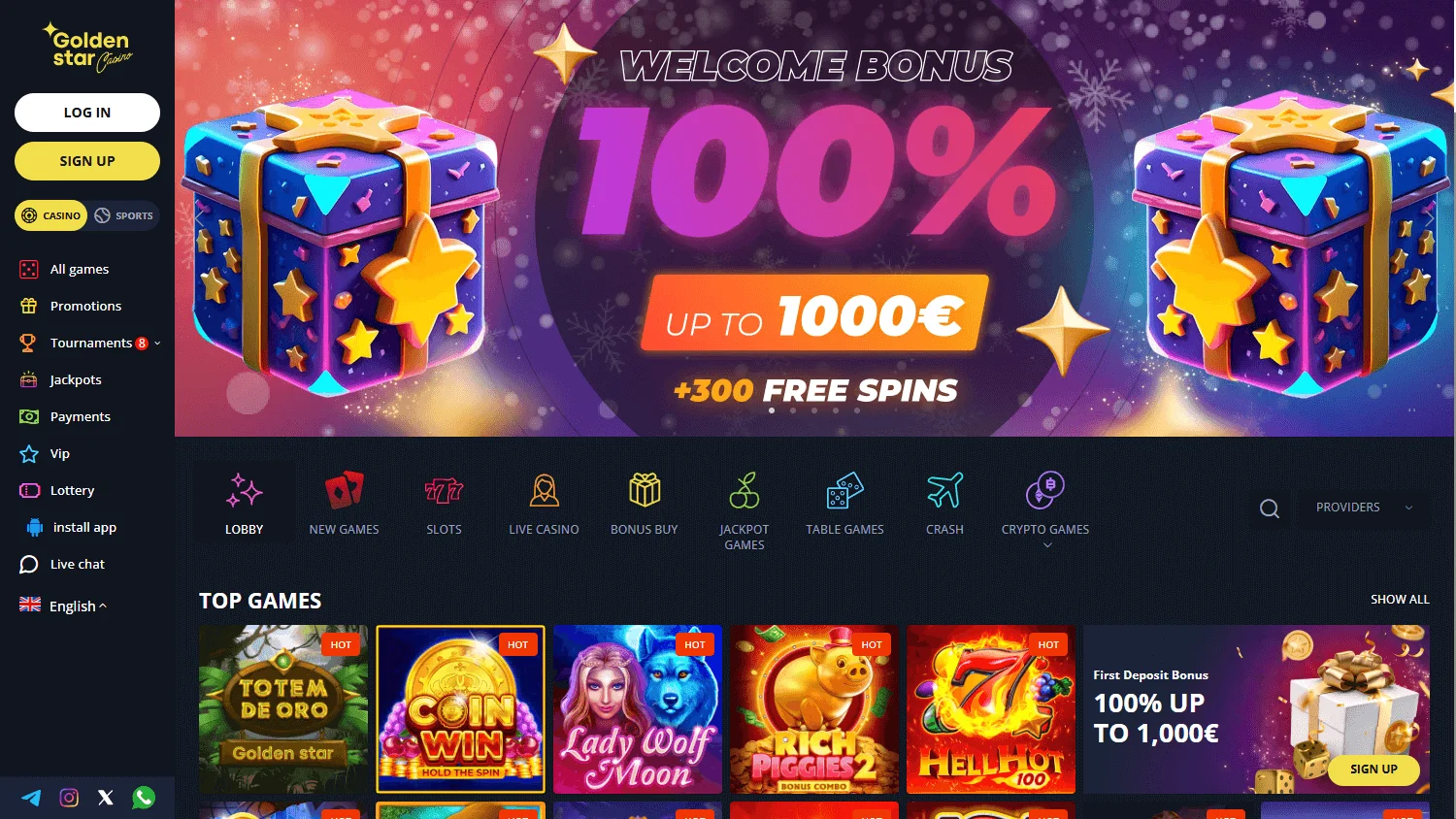 Golden Star Casino desktop home screen with casino and betting features