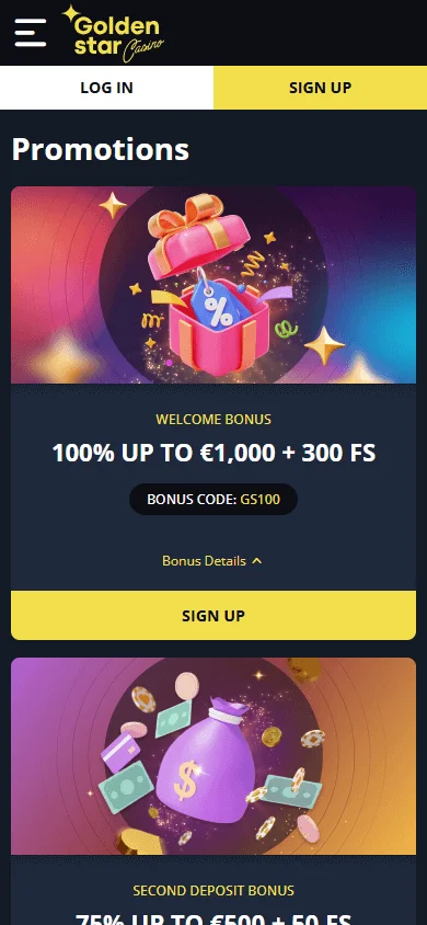 Golden Star Casino promotions area displayed on a mobile device