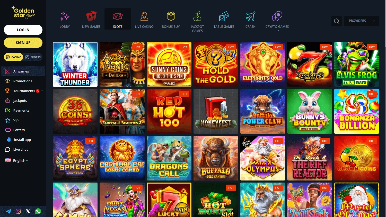 Golden Star Casino desktop games area with casino categories