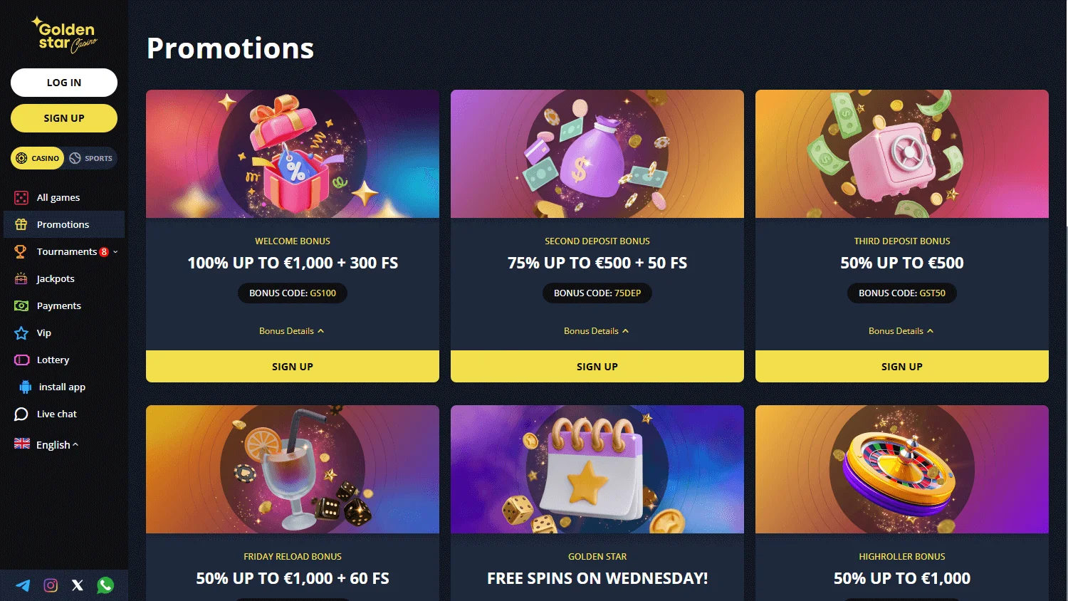 Golden Star Casino desktop promotions area with bonuses and tournament offers
